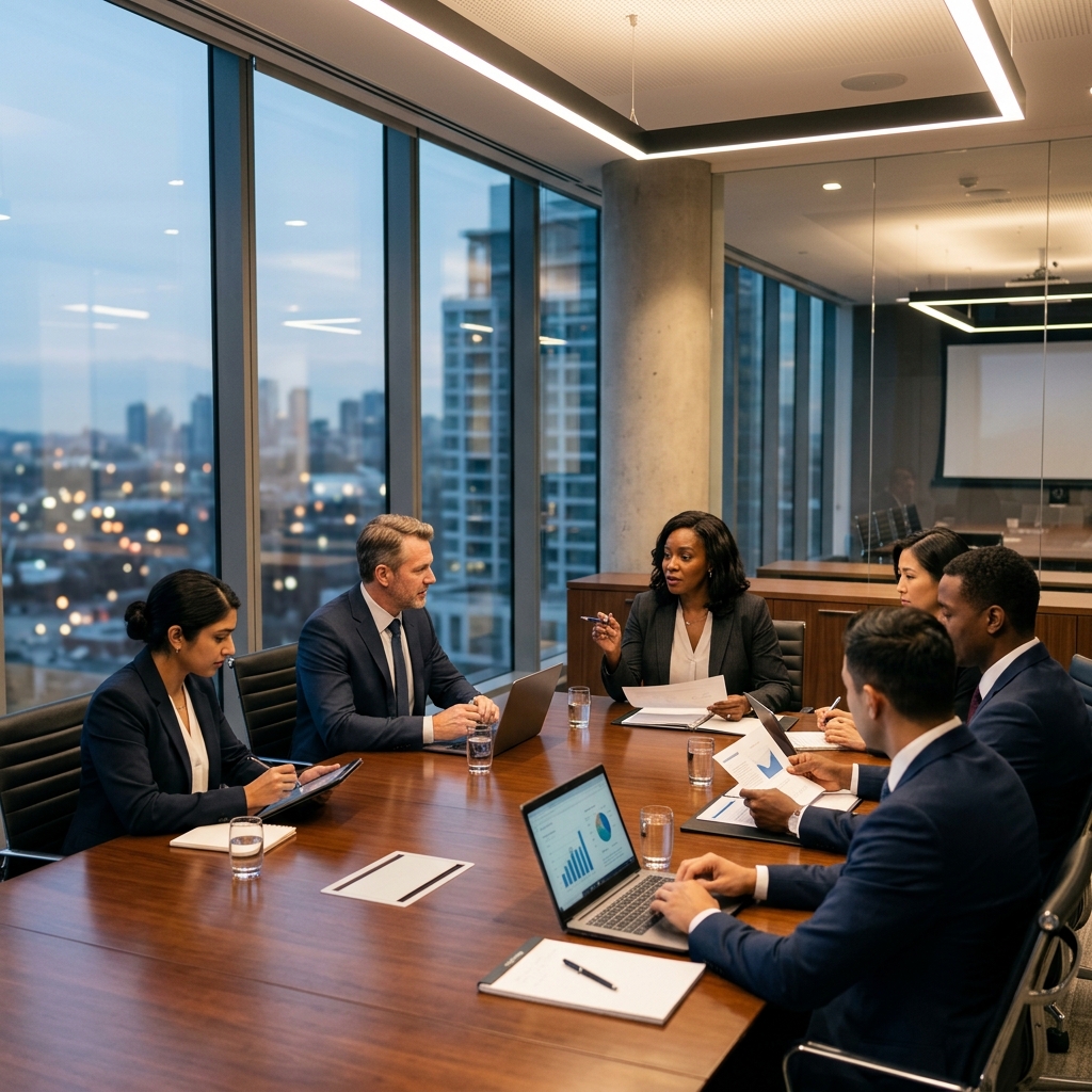 Global Contriver leadership team in a formal boardroom meeting